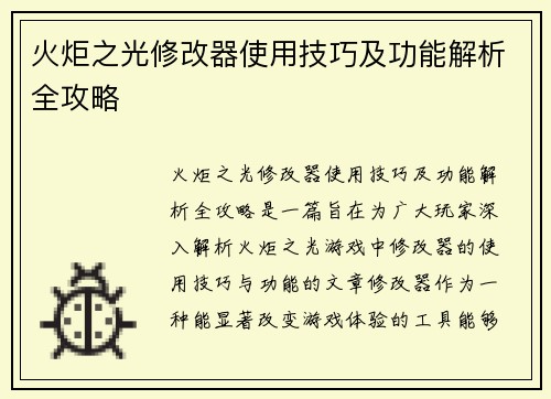 火炬之光修改器使用技巧及功能解析全攻略